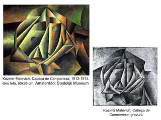 Kazimir Malevich,  Cabeça de Camponesa , 1912-1913, óleo tela, 80x95 cm,  Amsterdão: Stedelijk Museum   Kazimir Malevich,  Cabeça de Camponesa , gravura  