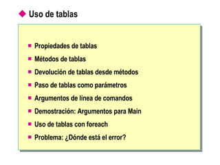 Propiedades de tablas Métodos de tablas Devolución de tablas desde métodos Paso de tablas como parámetros Argumentos de línea de comandos Demostración: Argumentos para Main Uso de tablas con foreach Problema: ¿Dónde está el error? Uso de tablas 