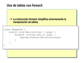 Uso de tablas con foreach La instrucción foreach simplifica enormemente la manipulación de tablas class  Example4  { static void Main(string[ ] args) {   foreach (string arg in args) { System.Console.WriteLine(arg); }   } } 