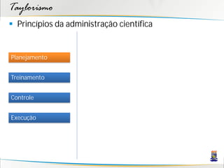 Taylorismo
 Princípios da administração científica


Planejamento


Treinamento


Controle


Execução
 