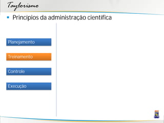 Taylorismo
 Princípios da administração científica


Planejamento


Treinamento


Controle


Execução
 