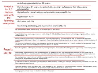 Model is
for 2.0
hectare
land with
the
following
enterprises
Agriculture crop production on 0.8 ha area
Dairy farming on 0.4 ha area for raising fodder, keeping 4 buffaloes and their followers and
gobar gas plan
Horticulture for raising fruit trees and vegetables on an area of 0.2ha
Vegetables on 0.2 ha
Floriculture on 0.2 ha
Fish farming, bee keeping, and mushroom on an area of 0.2 ha
Results
So Far
Net profit from Rice-wheat rotation was Rs. 39,400 per ha with B:C ratio of 1.70
Vegetable based crop rotations gave maximum profits. Net profit of Rs. 80,000 per ha was obtained with bottle gourd (ghia)-cauliflower rotation
with B:C ratio of 1.90
Forage based crop rotations like maize-maizeberseem and sorghum-berseem/oat provided net profit of Rs. 59,000 and Rs.40,000 per ha
respectively with B:C ratio of 2.98 and 2.91, respectively. The profitability from fodder production can be further improved with the introduction of
livestock.
The dung from 4 buffaloes is sufficient to produce gobar gas that can be used for cooking food for 7-8 family members. During a period of three
months, sale of milk fetched Rs. 35,000 i.e. daily income of about Rs. 400 only
Floriculture (gladiolus and marigold) seemed to be promising enterprise. However, benefits will be governed by processing and marketing facilities
Baby corn was also promising cash crop and becomes ready for sale within 60 days. After removing baby corn-cobs, the plant can be used as
palatable fodder. There is marketing problem in small towns like Karnal but is in great demand in big towns having bigger hotels and restaurants
Bee keeping proved a good enterprise as total revenue generated from honey production from 25 boxes was Rs.40,000, in six months period. This
enterprise can be blended with any other farming capsule
A profit of Rs. 15,000 was obtained in a year from the sale of fish raised in 0.2 ha fish pond. The dykes of fishpond were planted with fruit trees like
banana, guava, amla and karonda.
Vegetables like bottle gourd, bitter gourd, lady’s finger and palak etc were planted in the interspaces amongst fruit trees. Vegetables worth Rs 200-
300 were sold weekly. Seasonal flowers like gladiolus, marigold and chrysanthemum can also be raised
Gobar gas plant and solar heater are also being blended in the system
 