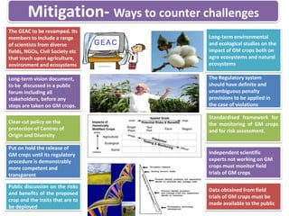 Mitigation- Ways to counter challenges
The GEAC to be revamped. Its
members to include a range
of scientists from diverse
fields, NGOs, Civil Society etc
that touch upon agriculture,
environment and ecosystems
Long-term vision document,
to be discussed in a public
forum including all
stakeholders, before any
steps are taken on GM crops.
Long-term environmental
and ecological studies on the
impact of GM crops both on
agro ecosystems and natural
ecosystems
The Regulatory system
should have definite and
unambiguous penalty
provisions to be applied in
the case of violations
Standardised framework for
the monitoring of GM crops
and for risk assessment.
Independent scientific
experts not working on GM
crops must monitor field
trials of GM crops
Put on hold the release of
GM crops until its regulatory
procedure is demonstrably
more competent and
transparent
Clear cut policy on the
protection of Centres of
Origin and Diversity
Public discussion on the risks
and benefits of the proposed
crop and the traits that are to
be deployed
Data obtained from field
trials of GM crops must be
made available to the public
 
