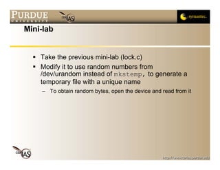Mini-lab


    Take the previous mini-lab (lock.c)
    Modify it to use random numbers from
    /dev/urandom instead of mkstemp, to generate a
    temporary file with a unique name
    – To obtain random bytes, open the device and read from it
 