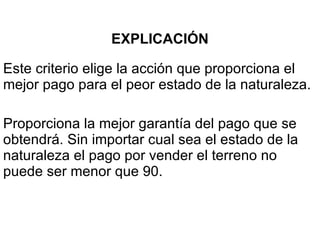 EXPLICACIÓN Este criterio elige la acción que proporciona el mejor pago para el peor estado de la naturaleza. Proporciona la mejor garantía del pago que se obtendrá. Sin importar cual sea el estado de la naturaleza el pago por vender el terreno no puede ser menor que 90. 