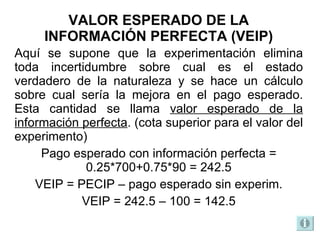 VALOR ESPERADO DE LA INFORMACIÓN PERFECTA (VEIP) Aquí se supone que la experimentación elimina toda incertidumbre sobre cual es el estado verdadero de la naturaleza y se hace un cálculo sobre cual sería la mejora en el pago esperado. Esta cantidad se llama  valor esperado de la información perfecta . (cota superior para el valor del experimento) Pago esperado con información perfecta = 0.25*700+0.75*90 = 242.5 VEIP = PECIP – pago esperado sin experim. VEIP = 242.5 – 100 = 142.5 