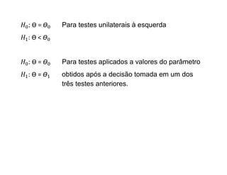 :Ѳ=   Para testes unilaterais à esquerda
:Ѳ<


:Ѳ=   Para testes aplicados a valores do parâmetro
:Ѳ=   obtidos após a decisão tomada em um dos
      três testes anteriores.
 