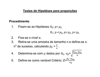 Testes de Hipotéses para proporções


Procedimento
 1.   Fixam-se as Hipóteses     : =
                                :   ≠   , >       , <
 2. Fixa-se o nível α.
 3. Retira-se uma amostra de tamanho n e define-se x:
   no de sucesso, calculando = .

 4.   Determina-se com    dados por      ,    =

 5.   Define-se como variável Critério: Z=
 