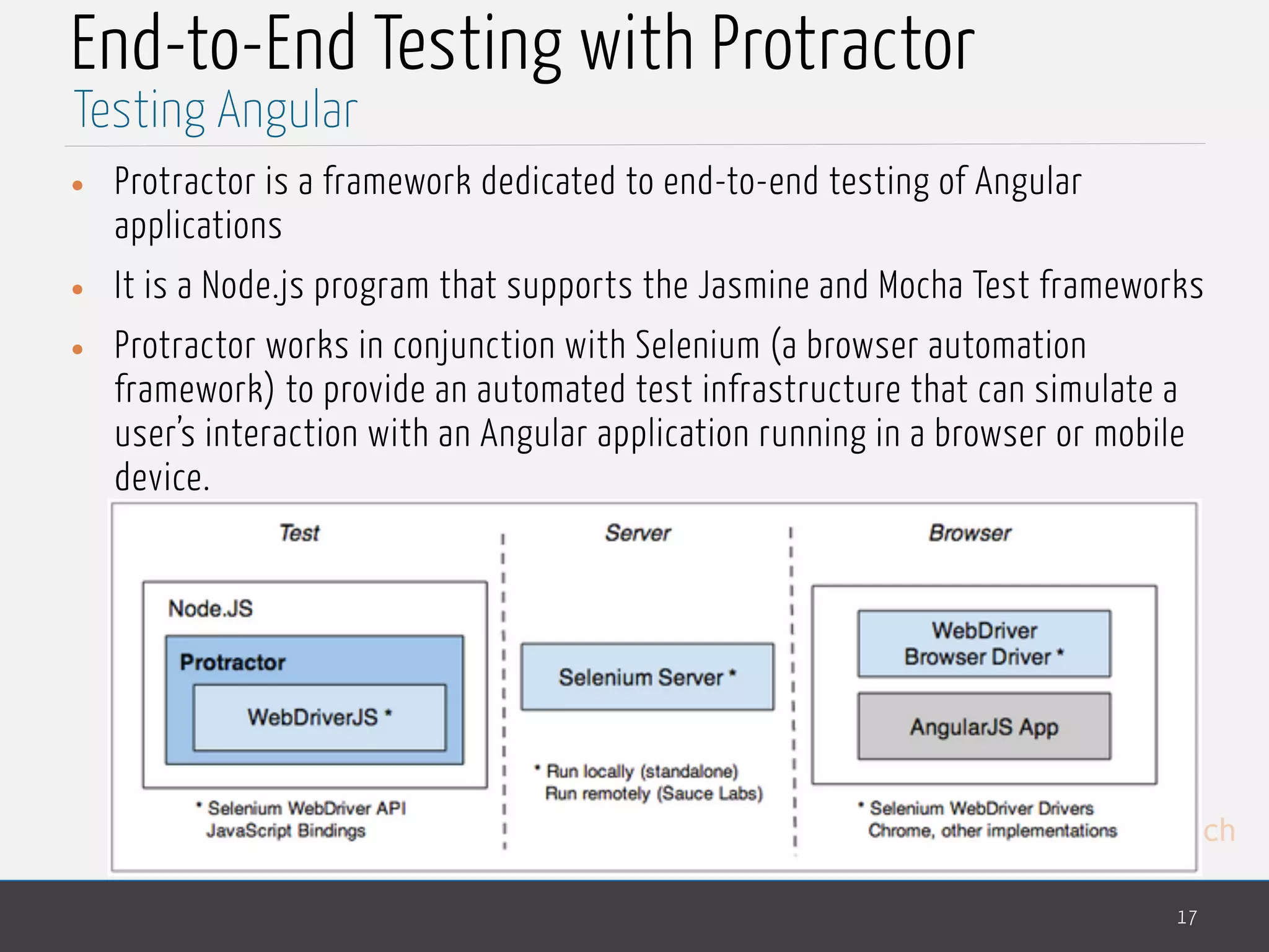 MedTech End-to-End Testing with Protractor • Protractor is a framework dedicated to end-to-end testing of Angular applications • It is a Node.js program that supports the Jasmine and Mocha Test frameworks • Protractor works in conjunction with Selenium (a browser automation framework) to provide an automated test infrastructure that can simulate a user’s interaction with an Angular application running in a browser or mobile device. 17 Testing Angular 