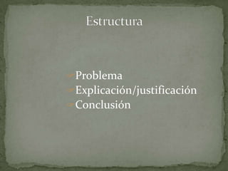 Problema
Explicación/justificación
Conclusión
 