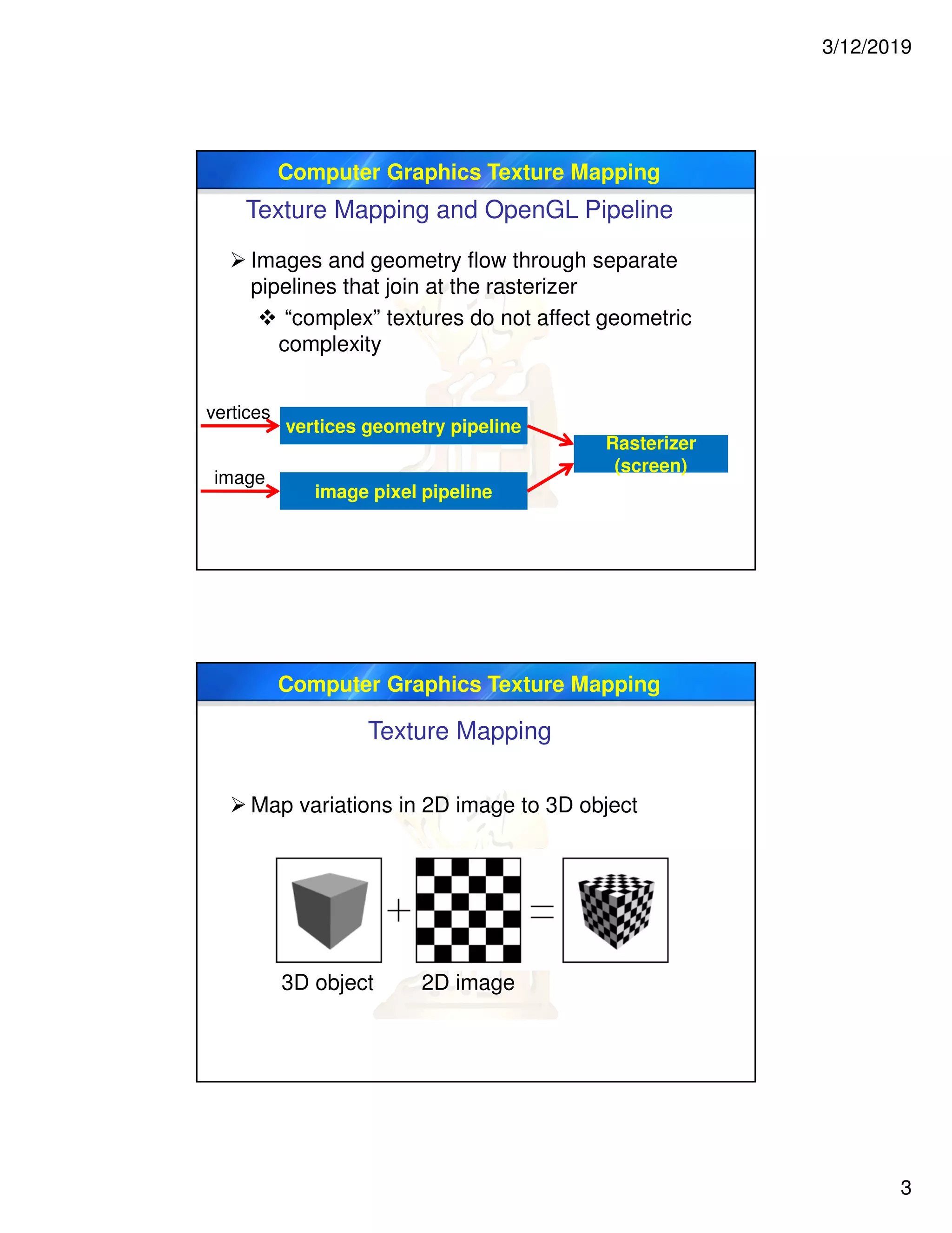 3/12/2019
3
Computer Graphics Texture Mapping
Texture Mapping and OpenGL Pipeline
 Images and geometry flow through separate
pipelines that join at the rasterizer
 “complex” textures do not affect geometric
complexity
vertices geometry pipeline
image pixel pipeline
Rasterizer
(screen)
vertices
image
Computer Graphics Texture Mapping
Texture Mapping
 Map variations in 2D image to 3D object
3D object 2D image
 
