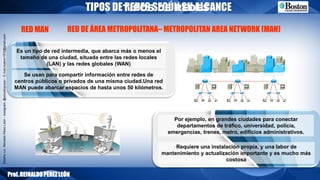 Diseño:Lic.ReinaldoPérezLeón–Instagram:@estudiopower–E-mail:reyleon1970@gmail.com
TIPOS DE REDES SEGÚN SU ALCANCE
Prof.REINALDOPÉREZLEÓN
TIPOS DE REDES
Es un tipo de red intermedia, que abarca más o menos el
tamaño de una ciudad, situada entre las redes locales
(LAN) y las redes globales (WAN)
Se usan para compartir información entre redes de
centros públicos o privados de una misma ciudad.Una red
MAN puede abarcar espacios de hasta unos 50 kilómetros.
RED DE ÁREA METROPOLITANA– METROPOLITAN AREA NETWORK (MAN)RED MAN
Por ejemplo, en grandes ciudades para conectar
departamentos de tráfico, universidad, policía,
emergencias, trenes, metro, edificios administrativos.
Requiere una instalación propia, y una labor de
mantenimiento y actualización importante y es mucho más
costosa
 