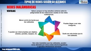 Diseño:Lic.ReinaldoPérezLeón–Instagram:@estudiopower–E-mail:reyleon1970@gmail.com
TIPOS DE REDES SEGÚN SU ALCANCE
Prof.REINALDOPÉREZLEÓN
REDES INALÁMBRICAS
VENTAJAS
Y pueden ser interrumpidas por objetos,
árboles, paredes, espejos, etc.
Salud, aunque no hay estudios certeros sobre la
peligrosidad de las radiaciones usadas en las redes
inalámbricas.
Pueden llegar a ser más
inseguras.
Suele ser más lentas que la
red cableada.
Menor ancho de banda que
las cableadas
Son más inestables que las cableadas, pueden
verse afectada por otras ondas electromagnéticas
o aparatos electrónicos cercanos.
 