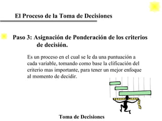 El Proceso de la Toma de Decisiones Toma de Decisiones Es un proceso en el cual se le da una puntuación a cada variable, tomando como base la clificación del criterio mas importante, para tener un mejor enfoque al momento de decidir.  Paso 3: Asignación de Ponderación de los criterios    de decisión. 