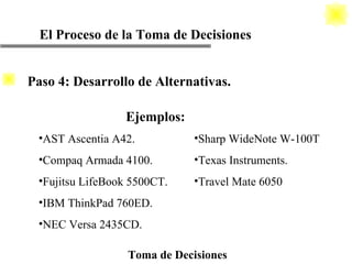 El Proceso de la Toma de Decisiones Toma de Decisiones Ejemplos: AST Ascentia A42. Compaq Armada 4100. Fujitsu LifeBook 5500CT. IBM ThinkPad 760ED. NEC Versa 2435CD. Sharp WideNote W-100T Texas Instruments. Travel Mate 6050 Paso 4: Desarrollo de Alternativas. 