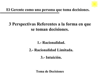 El Gerente como una persona que toma decisiones. Toma de Decisiones 3 Perspectivas Referentes a la forma en que se toman decisiones. 1.- Racionalidad. 2.- Racionalidad Limitada. 3.- Intuición. 