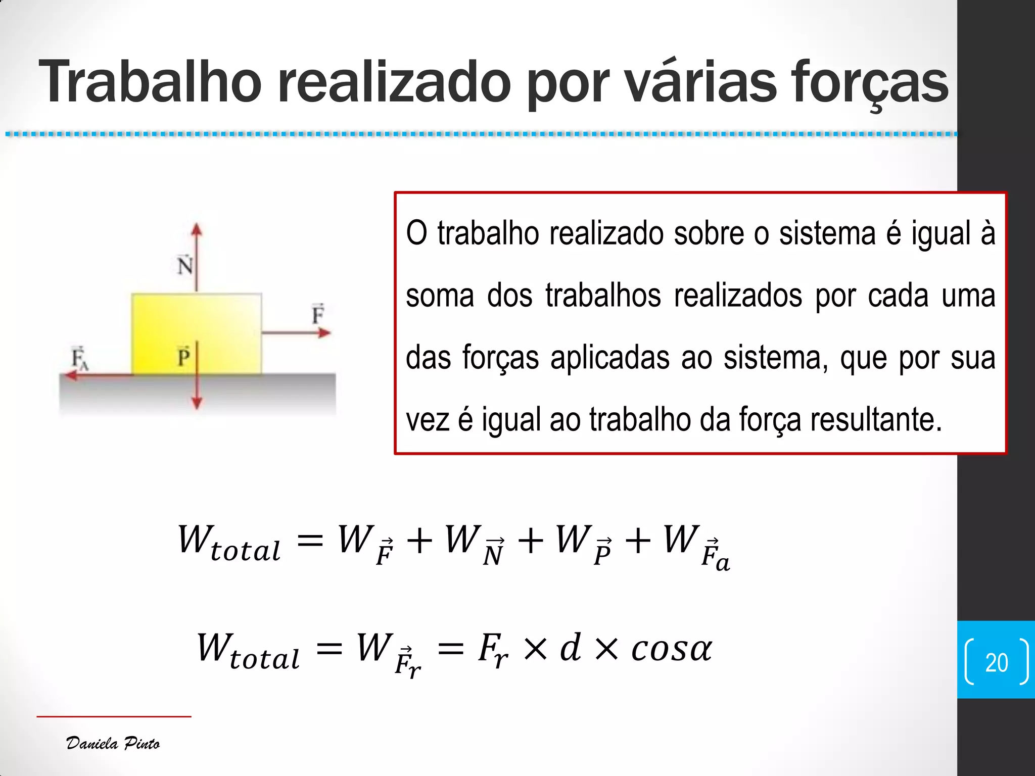 Daniela Pinto
O trabalho realizado sobre o sistema é igual à
soma dos trabalhos realizados por cada uma
das forças aplicadas ao sistema, que por sua
vez é igual ao trabalho da força resultante.
Trabalho realizado por várias forças
20
𝑊𝑡𝑜𝑡𝑎𝑙 = 𝑊 𝐹 + 𝑊 𝑁 + 𝑊 𝑃 + 𝑊 𝐹𝑎
𝑊𝑡𝑜𝑡𝑎𝑙 = 𝑊 𝐹𝑟
= 𝐹𝑟 × 𝑑 × 𝑐𝑜𝑠𝛼
 