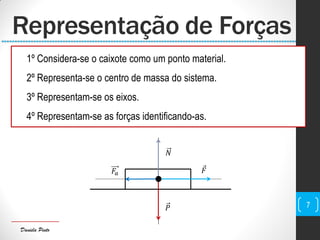 Daniela Pinto
Representação de Forças
𝐹
𝑃
𝐹𝑎
𝑁
1º Considera-se o caixote como um ponto material.
2º Representa-se o centro de massa do sistema.
3º Representam-se os eixos.
4º Representam-se as forças identificando-as.
7
 