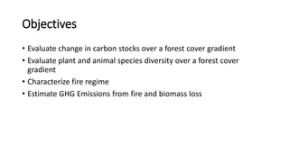 Objectives
• Evaluate change in carbon stocks over a forest cover gradient
• Evaluate plant and animal species diversity o...