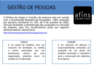 GESTÃO DE PESSOAS
A Política de Cargos e Funções da empresa esta em acordo
com a Classificação Brasileira de Ocupações - CBO, instituída
por portaria ministerial nº. 397, de 9 de outubro de 2002,
tem por finalidade a identificação das ocupações no mercado
de trabalho, para fins classificatórios junto aos registros
administrativos e domiciliares.
http://www.mtecbo.gov.br/cbosite/pages/home.jsf
CARGO
É um posto de trabalho, com um
conjunto de atividades ou tarefas
a serem executadas por um
profissional dentro de uma
organização, podendo atuar na
Gestão ou na Operação.
FUNÇÃO
É um conjunto de deveres e
responsabilidades atribuídos ao
ocupante de um posto de
trabalho destinado à contribuir
para a consecução dos objetivos
da empresa.
 