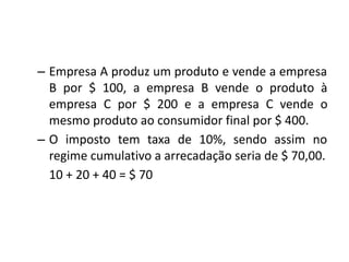– Empresa A produz um produto e vende a empresa
B por $ 100, a empresa B vende o produto à
empresa C por $ 200 e a empresa C vende o
mesmo produto ao consumidor final por $ 400.
– O imposto tem taxa de 10%, sendo assim no
regime cumulativo a arrecadação seria de $ 70,00.
10 + 20 + 40 = $ 70
 