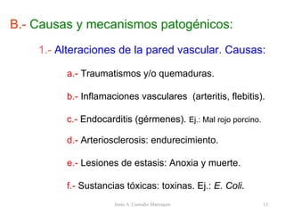 B.-  Causas y mecanismos patogénicos: 1.-   Alteraciones de la pared vascular. Causas: a.-  Traumatismos y/o quemaduras. b.-  Inflamaciones vasculares  (arteritis, flebitis). c.-  Endocarditis (gérmenes).  Ej.: Mal rojo porcino. d.-  Arteriosclerosis: endurecimiento. e.-  Lesiones de estasis: Anoxia y muerte. f.-  Sustancias tóxicas: toxinas. Ej.:  E. Coli . Jesús A. Custodio Marroquín 