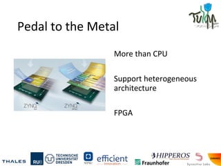 Pedal to the Metal
More than CPU
Support heterogeneous
architecture
FPGA
 