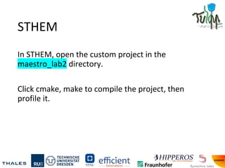 STHEM
In STHEM, open the custom project in the
maestro_lab2 directory.
Click cmake, make to compile the project, then
profile it.
 