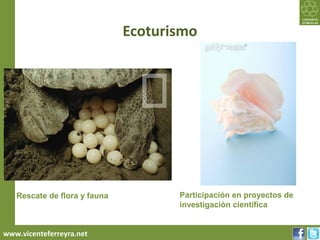 Ecoturismo
Turismo Sustentable 2012




                           Rescate de flora y fauna          Participación en proyectos de
                                                             investigación científica


     www.vicenteferreyra.net
 