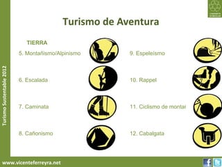 Turismo de Aventura
                              TIERRA
                           5. Montañismo/Alpinismo      9. Espeleísmo
Turismo Sustentable 2012




                           6. Escalada                  10. Rappel



                           7. Caminata                  11. Ciclismo de montaña



                           8. Cañonismo                 12. Cabalgata




     www.vicenteferreyra.net
 