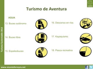 Turismo de Aventura
                              AGUA

                           13. Buceo autónomo            16. Descenso en ríos
Turismo Sustentable 2012




                           14. Buceo libre               17. Kayaquismo




                           15. Espeleobuceo              18. Pesca recreativa




     www.vicenteferreyra.net
 