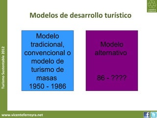 Modelos de desarrollo turístico

                               Modelo
                             tradicional,        Modelo
Turismo Sustentable 2012




                           convencional o      alternativo
                             modelo de
                             turismo de
                               masas            86 - ????
                            1950 - 1986


     www.vicenteferreyra.net
 