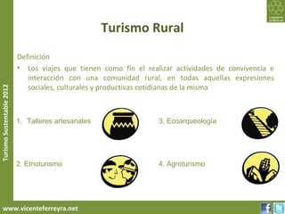 Turismo Rural
                           Definición
                           • Los viajes que tienen como fin el realizar actividades de convivencia e
                              interacción con una comunidad rural, en todas aquellas expresiones
                              sociales, culturales y productivas cotidianas de la misma
Turismo Sustentable 2012




                           1. Talleres artesanales                 3. Ecoarqueología




                           2. Etnoturismo                          4. Agroturismo




     www.vicenteferreyra.net
 