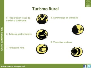 Turismo Rural
                           5. Preparación y uso de              8. Aprendizaje de dialectos
                           medicina tradicional
Turismo Sustentable 2012




                           6. Talleres gastronómicos


                                                                9. Vivencias místicas

                           7. Fotografía rural




     www.vicenteferreyra.net
 