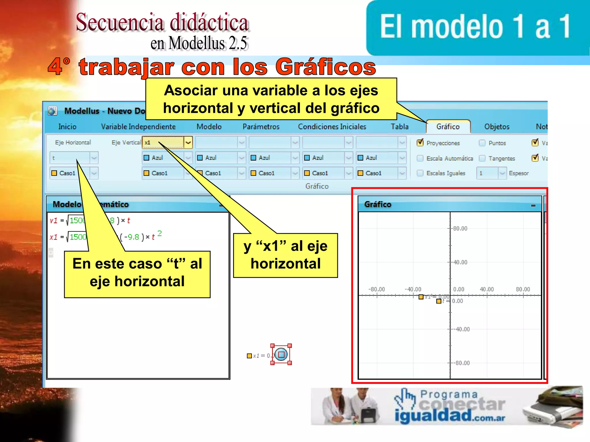 Secuencia didácticaen Modellus 2.54° trabajar con los GráficosAsociar una variable a los ejes horizontal y vertical del gráficoy “x1” al eje horizontalEn este caso “t” al eje horizontal