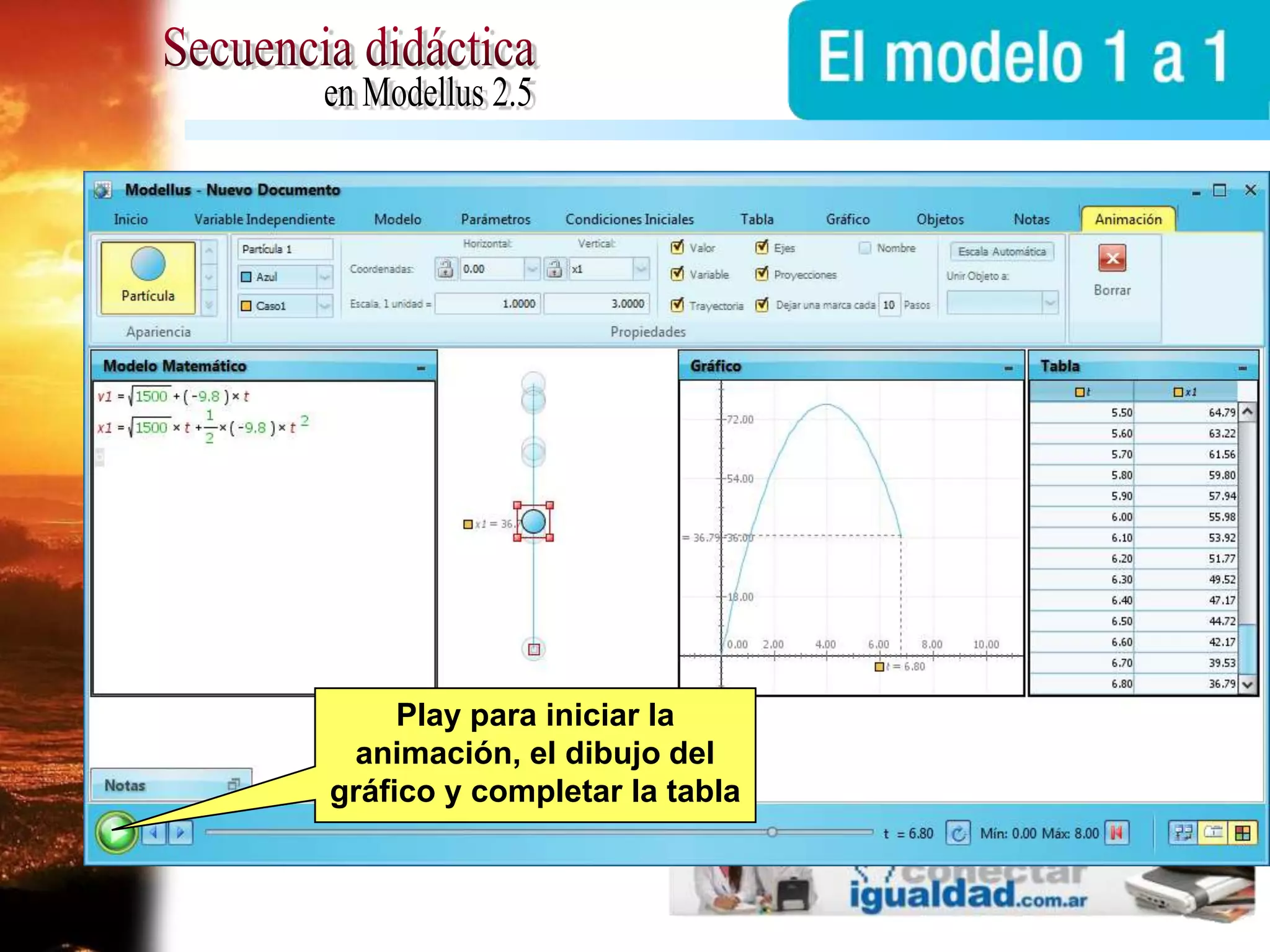 Secuencia didácticaen Modellus 2.5Play para iniciar la animación, el dibujo del gráfico y completar la tabla