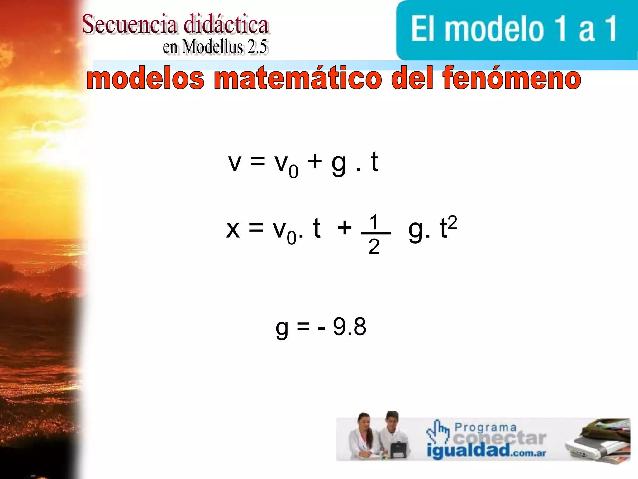 12x = v0. t  +       g. t2Secuencia didácticaen Modellus 2.5modelos matemático del fenómenov = v0 + g . tg = - 9.8