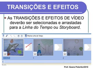 TRANSIÇÕES E EFEITOS As TRANSIÇÕES E EFEITOS DE VÍDEO deverão ser selecionadas e arrastadas para a  Linha do Tempo  ou  Storyboard.   Prof. Geane Poteriko/2010 