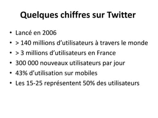 Quelques chiffres sur Twitter
• Lancé en 2006
• > 140 millions d’utilisateurs à travers le monde
• > 3 millions d’utilisateurs en France
• 300 000 nouveaux utilisateurs par jour
• 43% d’utilisation sur mobiles
• Les 15-25 représentent 50% des utilisateurs
 