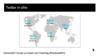 Twitter in cifre
Domande? Inviaci un tweet con l’hashtag #HootsuitePro
 