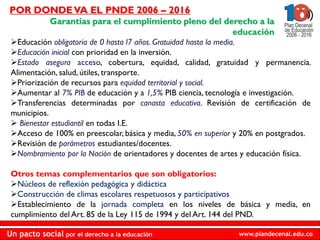POR DONDE VA EL PNDE 2006 – 2016
             Garantías para el cumplimiento pleno del derecho a la
                                                        educación
 Educación obligatoria de 0 hasta l7 años. Gratuidad hasta la media.
 Educación inicial con prioridad en la inversión.
 Estado asegura acceso, cobertura, equidad, calidad, gratuidad y permanencia.
 Alimentación, salud, útiles, transporte.
 Priorización de recursos para equidad territorial y social.
 Aumentar al 7% PIB de educación y a 1,5% PIB ciencia, tecnología e investigación.
 Transferencias determinadas por canasta educativa. Revisión de certificación de
 municipios.
  Bienestar estudiantil en todas I.E.
 Acceso de 100% en preescolar, básica y media, 50% en superior y 20% en postgrados.
 Revisión de parámetros estudiantes/docentes.
 Nombramiento por la Nación de orientadores y docentes de artes y educación física.

 Otros temas complementarios que son obligatorios:
 Núcleos de reflexión pedagógica y didáctica
 Construcción de climas escolares respetuosos y participativos
 Establecimiento de la jornada completa en los niveles de básica y media, en
 cumplimiento del Art. 85 de la Ley 115 de 1994 y del Art. 144 del PND.

Un pacto social por el derecho a la educación                   www.plandecenal.edu.co
 