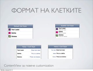 d by a styles that implement the most common layouts for table rows inbelow. The title is
 le-‐cell left-‐aligned title on one line and a left-‐aligned subtitle on the line both
ubtitle is inis best suited to display a different type of information.
  cell style a smaller, gray font.
                                            iOS UI Element Usage Guidelines


                       ФОРМАТ НА КЛЕТКИТЕ
                                            Content Views
 hese styles are applied to a table view’s cell, which is an object that tells
  ows.

                                        Subtitle (UITableViewCellStyleSubtitle). The subtitle style includes an optional image in th
 tyleDefault). The default cell style includes an optional image in the left title on one line and a left-‐aligned subtitle on the line below.
                                        of the row, followed by a left-‐aligned end
 ligned title in black.                 in black and the subtitle is in a smaller, gray font.

 style, the prominent appearance Element Usage Guidelines that it represents an item name
                                iOS UI of the text label implies
  e subtle appearance of the Contenttext label implies that it contains subsidiary information
                                 detail Views
  . The left-‐alignment of the text labels makes the list easy to scan. This table-‐cell style works
ms look similar, because users can use the additional information in the detail text labels to
 ems named in the text labels.
                                Value 2 (UITableViewCellStyleValue2). The value 2 style displays a right-‐aligned title in a small, blue
                                font, followed on the same line by a left-‐aligned subtitle in a larger, black font. Images do not fit well in this
 ViewCellStyleValue1). The value 1 style displays a left-‐aligned title in black on the same
                                style.
 igned subtitle in a smaller, blue font. Images do not fit well in this style.
                                             In the subtitle cell style, the prominent appearance of the text label implies that it represents an ite
 t label’s appearance implies that it represents an item name or title and its
                                             or title, whereas the subtle appearance of the detail text label implies that it contains subsidiary in
 asy to scan. This makes the default style good for displaying a list of items that
                                             related to the item. The left-‐alignment of the text labels makes the list easy to scan. This table-‐cell s
  d by supplementary information.
                                             well when list items look similar, because users can use the additional information in the detail tex
                                             help distinguish items named in the text labels.

                                            Value 1 (UITableViewCellStyleValue1). The value 1 style displays a left-‐aligned title in black on
                                            line with a right-‐aligned subtitle in a smaller, blue font. Images do not fit well in this style.


 tyle, the appearance of the text label implies that it represents an item name or title, whereasand font of the text label imply that it function
                               In the value 2 cell style, the right-‐alignment, constrained width,
         ContentView за повече customization
 the detail text label implies as a heading or important information that is closely associated
                               that it provides caption for the important information in the more prominent, left-‐aligned detail text label.

   Monday, January 23, 12      In this layout, the labels are aligned towards each other at the same location in every row. This creates a crisp
 