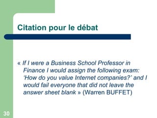 Citation pour le débat



     « If I were a Business School Professor in
       Finance I would assign the following exam:
       ‘How do you value Internet companies?’ and I
       would fail everyone that did not leave the
       answer sheet blank » (Warren BUFFET)


30
 