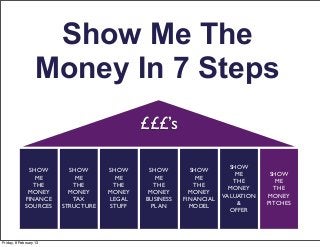 Show Me The
                  Money In 7 Steps
                                            £££’s

                                                                     SHOW
              SHOW        SHOW      SHOW     SHOW        SHOW
                                                                       ME       SHOW
                ME          ME        ME       ME          ME
                                                                      THE         ME
                THE        THE       THE       THE        THE
                                                                     MONEY       THE
              MONEY       MONEY     MONEY    MONEY       MONEY
                                                                   VALUATION   MONEY
             FINANCE       TAX      LEGAL   BUSINESS   FINANCIAL
                                                                       &       PITCHES
             SOURCES    STRUCTURE   STUFF     PLAN       MODEL
                                                                     OFFER




Friday, 8 February 13
 
