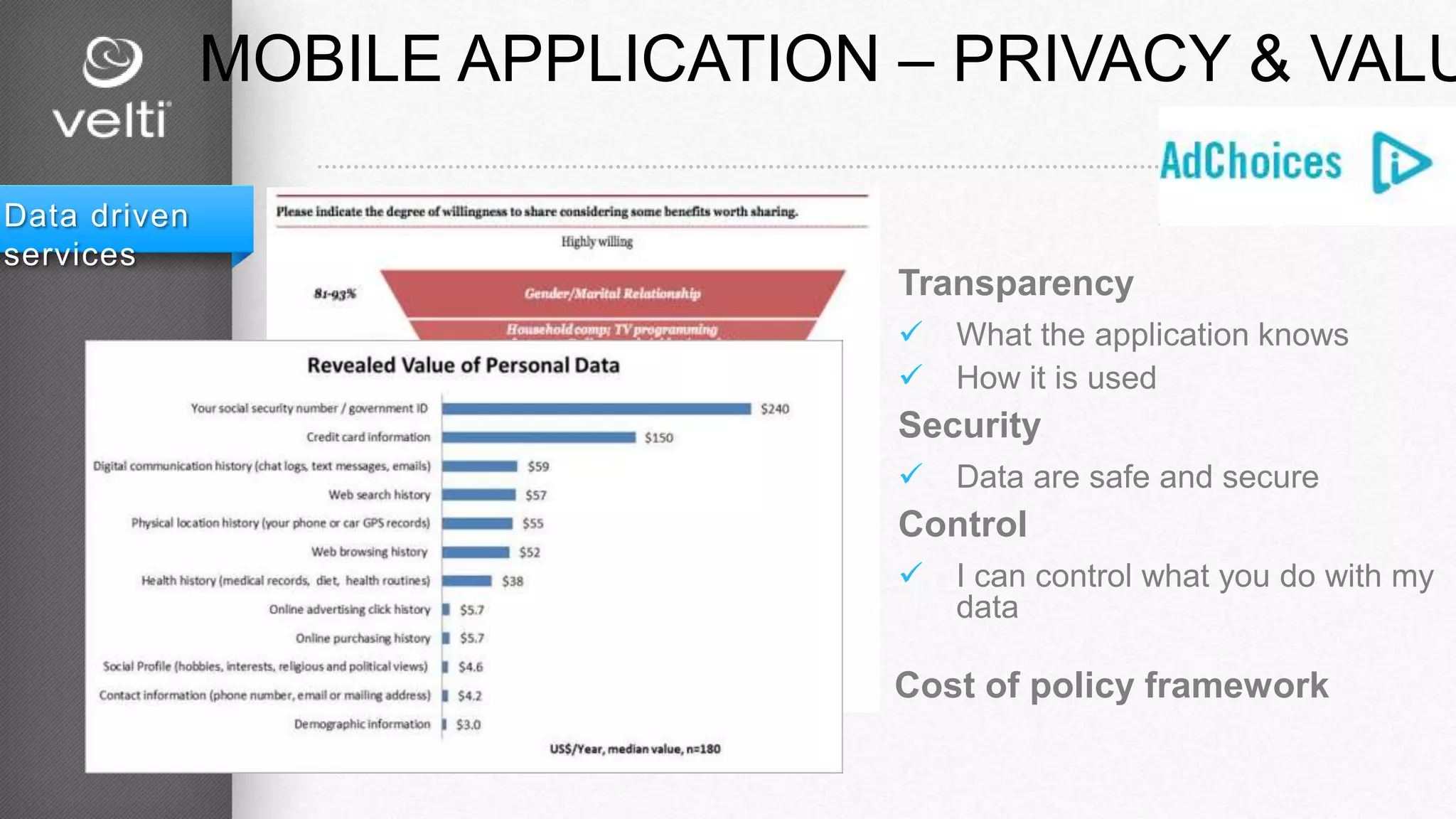 MOBILE APPLICATION – PRIVACY & VALU
Data driven
services
 Transparency
 What the application knows
 How it is used
 Security
 Data are safe and secure
 Control
 I can control what you do with my
data
Cost of policy framework
 