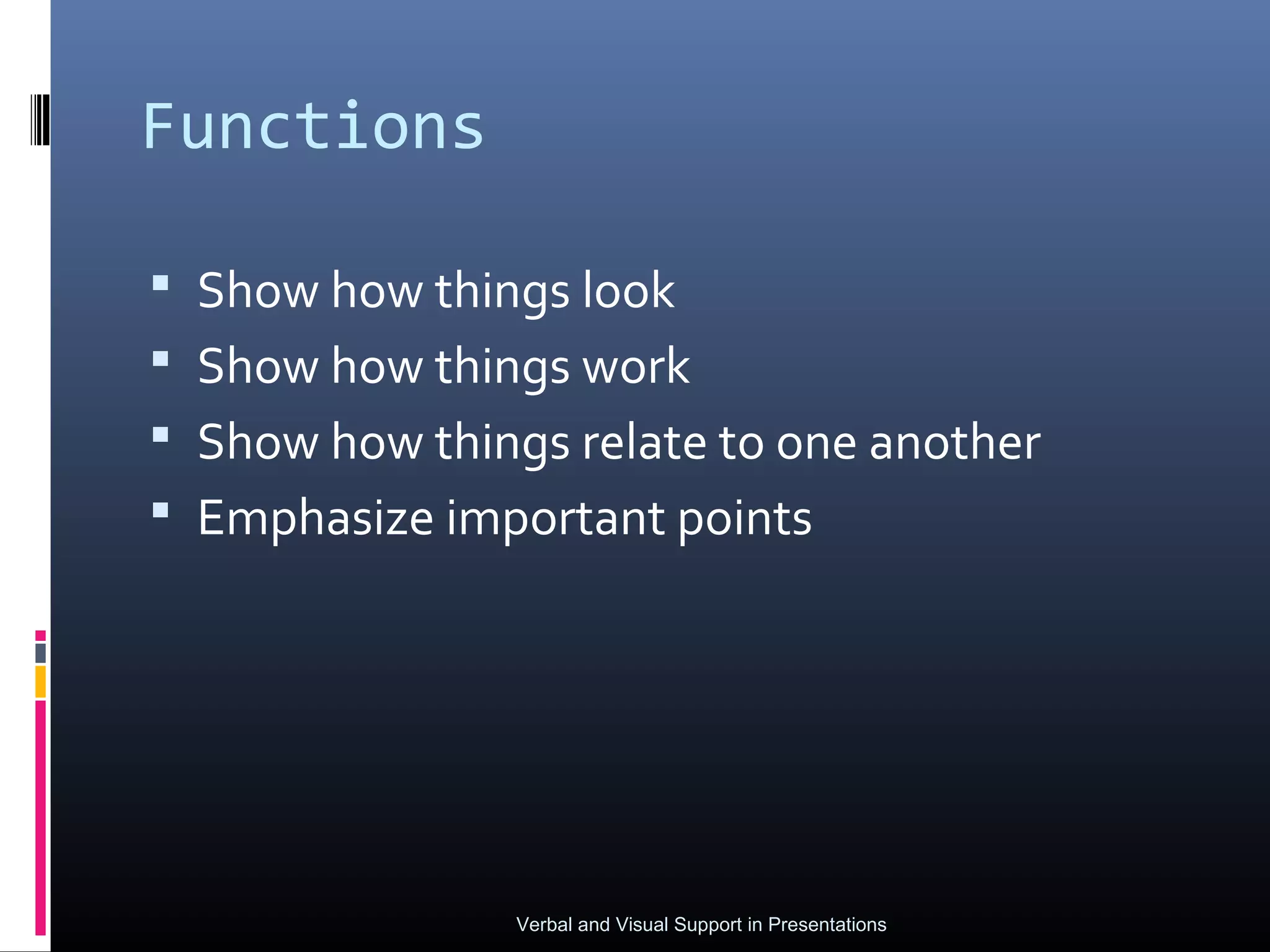 Functions

 Show how things look
 Show how things work
 Show how things relate to one another
 Emphasize important points




                Verbal and Visual Support in Presentations
 