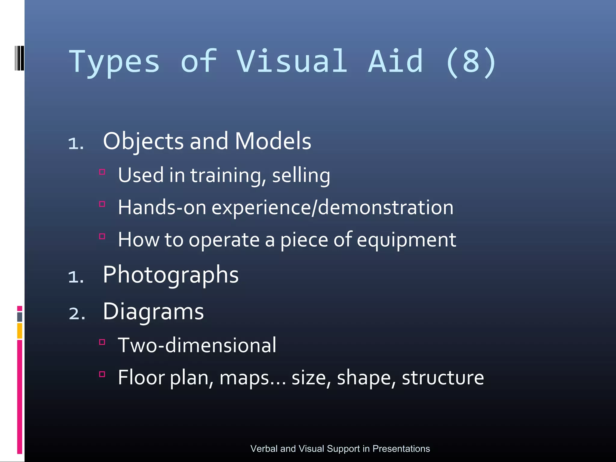 Types of Visual Aid (8)

1. Objects and Models
   Used in training, selling
   Hands-on experience/demonstration
   How to operate a piece of equipment
1. Photographs
2. Diagrams
   Two-dimensional
   Floor plan, maps… size, shape, structure


                  Verbal and Visual Support in Presentations
 