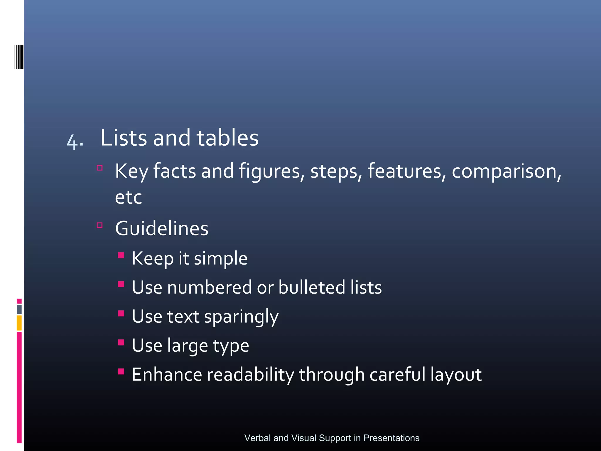 4. Lists and tables
   Key facts and figures, steps, features, comparison,
    etc
   Guidelines
     Keep it simple
     Use numbered or bulleted lists
     Use text sparingly
     Use large type
     Enhance readability through careful layout


                   Verbal and Visual Support in Presentations
 
