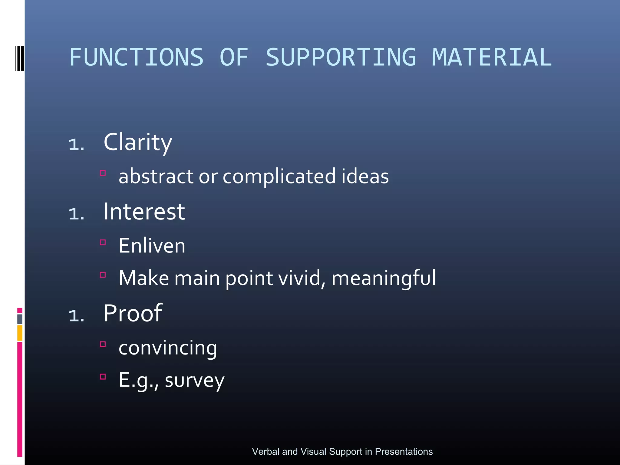 FUNCTIONS OF SUPPORTING MATERIAL


1. Clarity
   abstract or complicated ideas
1. Interest
   Enliven
   Make main point vivid, meaningful
1. Proof
   convincing
   E.g., survey


                   Verbal and Visual Support in Presentations
 