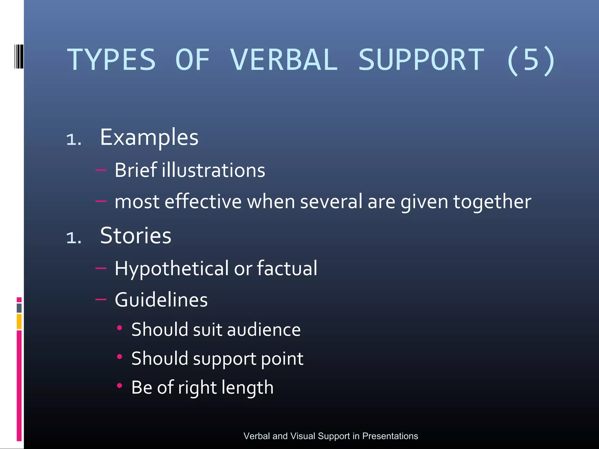TYPES OF VERBAL SUPPORT (5)

1. Examples
  – Brief illustrations
  – most effective when several are given together
1. Stories
  – Hypothetical or factual
  – Guidelines
    • Should suit audience
    • Should support point
    • Be of right length

                    Verbal and Visual Support in Presentations
 